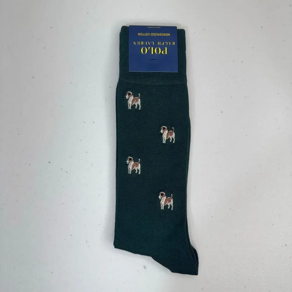 Polo Ralph Lauren Green Dress Socks Embroidered Hunting Dog Pattern Cotton Blend